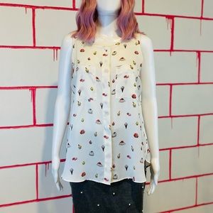 Dalia Collection white sleeveless button down sheer top with dessert pat…